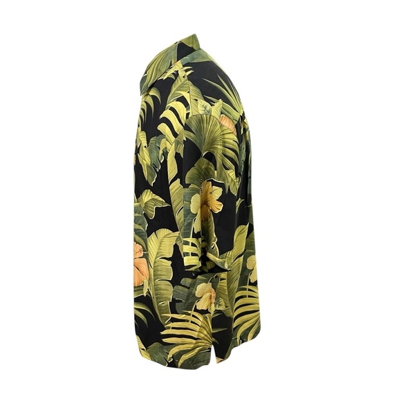 Tommy Bahama 100% Silk Hawaiian Shirt Black Green Yellow Floral Print Size M - Picture 2 of 15